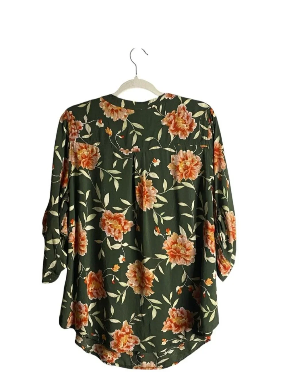 Torrid Women's Dark Green Floral Orange Blooms Henley Blouse - Picture 8 of 8